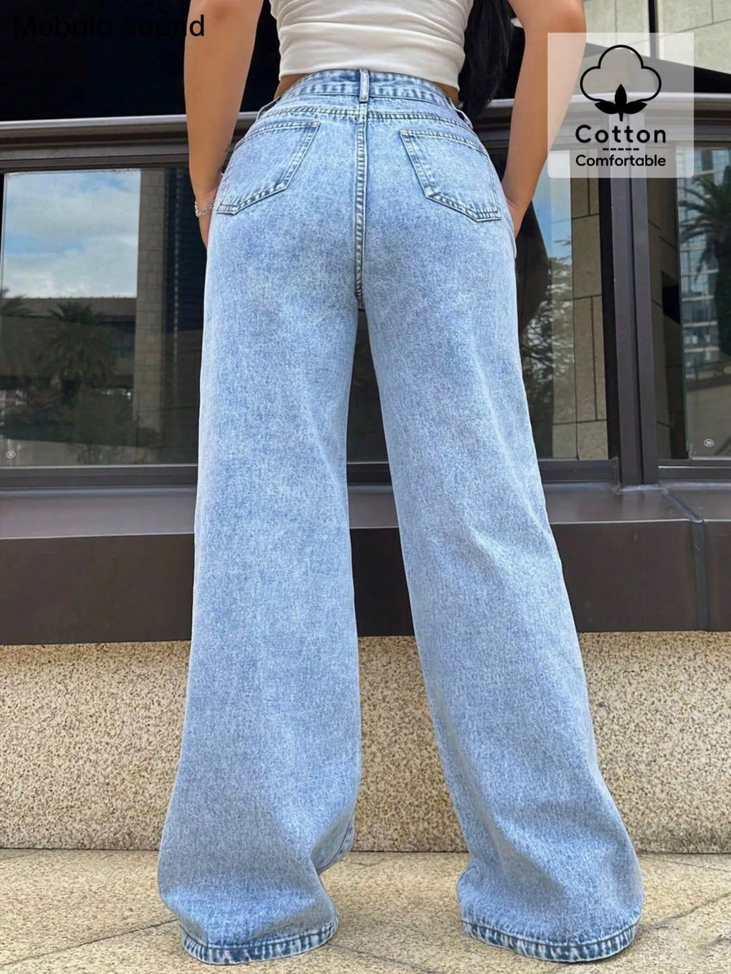 Light blue wide-leg jeans with a relaxed leg silhouette