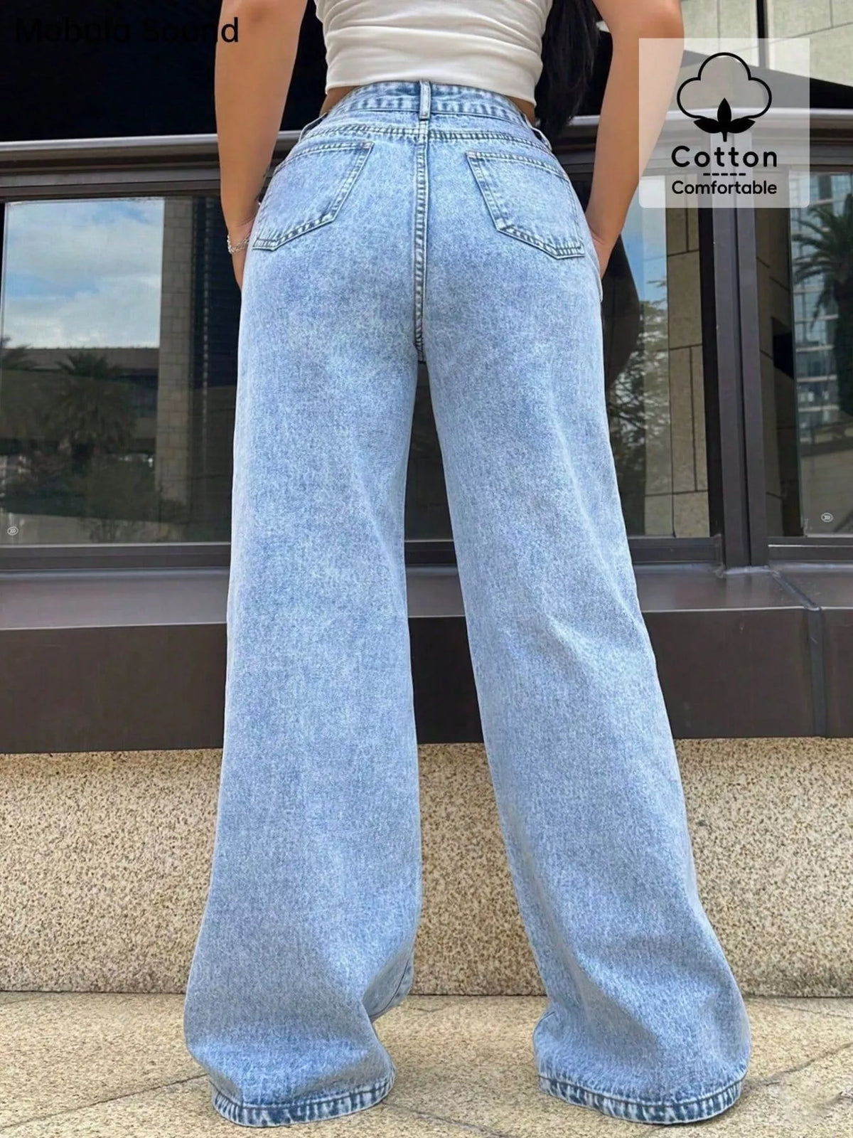 Light blue wide-leg jeans with a relaxed leg silhouette