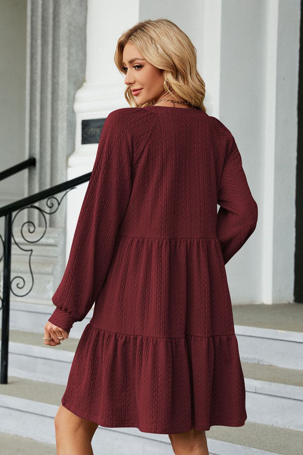 Burgundy A-line mini dress additional model view