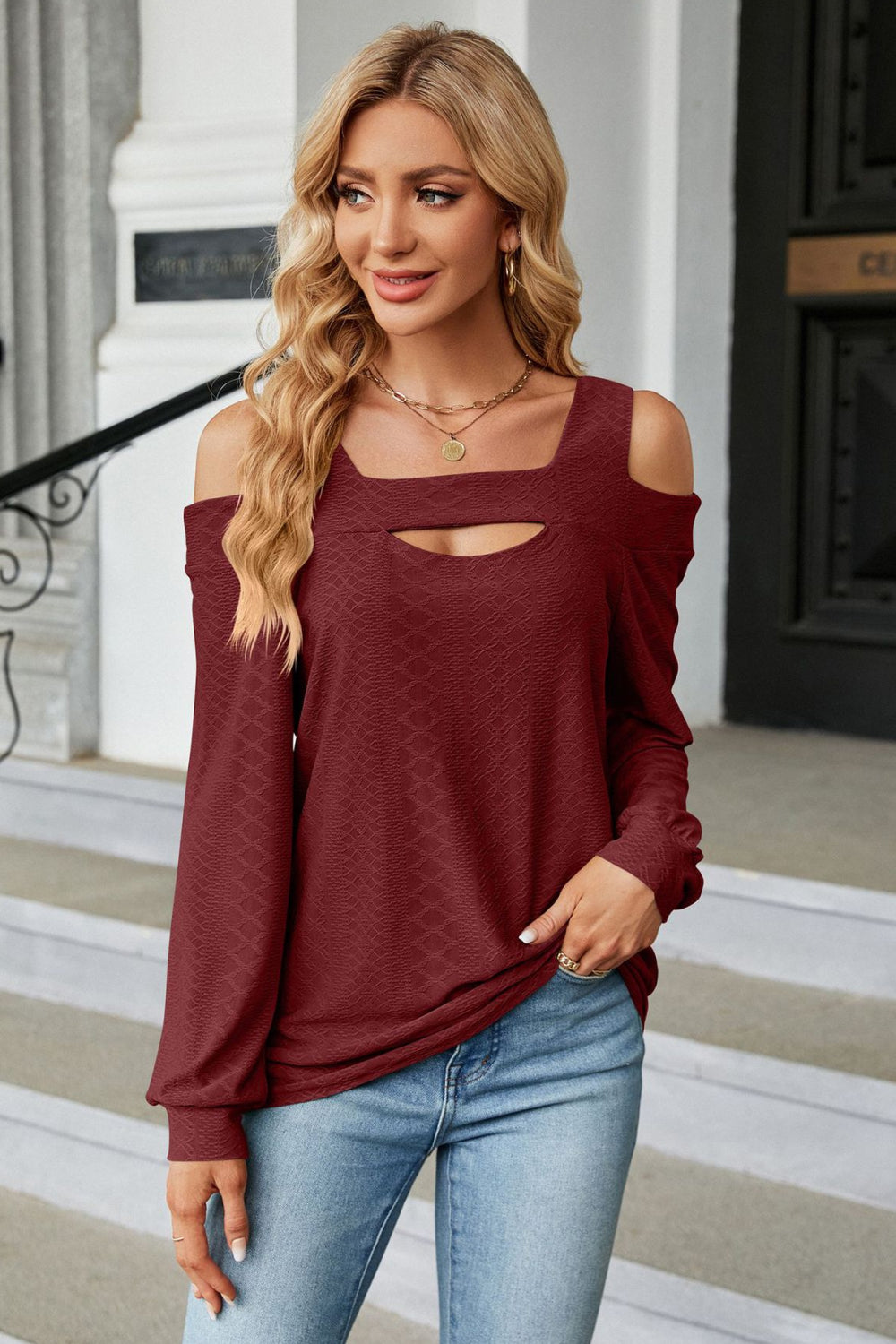 Cold shoulder blouse with front cutout detail