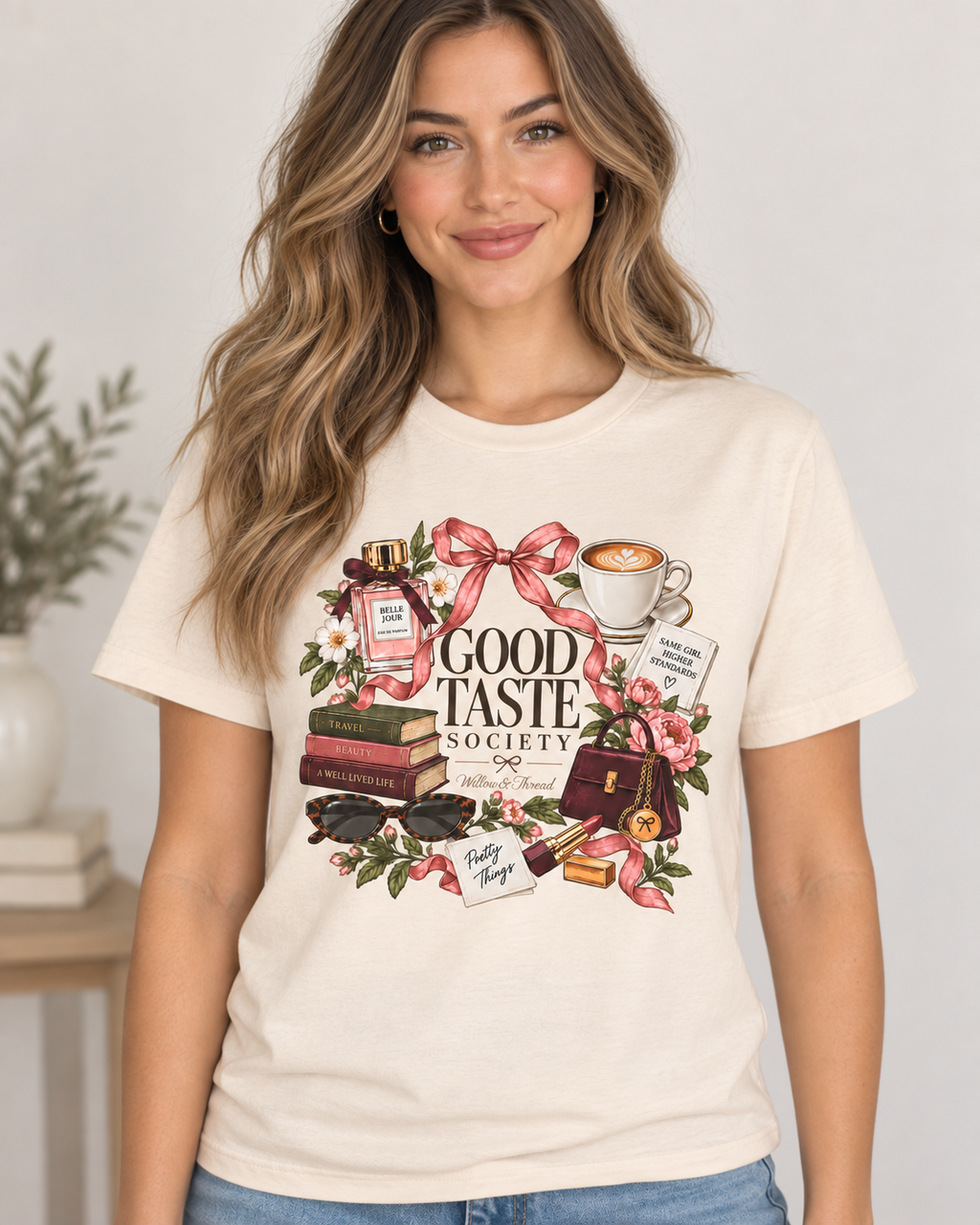 Good Taste Society women’s tee featuring feminine coffee, book, floral, bow and fashion-inspired artwork