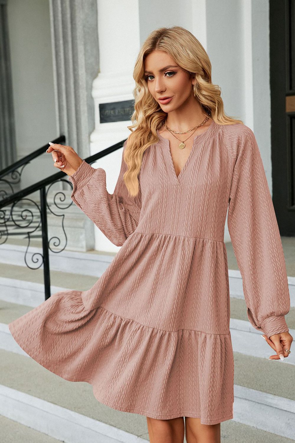 Dusty pink ruffle mini dress alternate model view