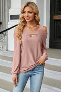 Cold shoulder square neck blouse on model