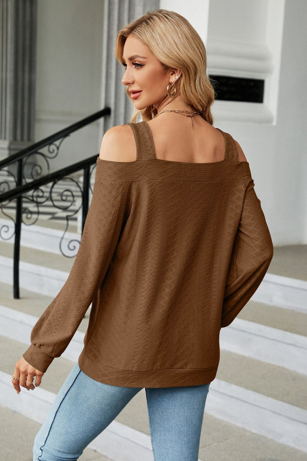 Rayon blend cold shoulder blouse on model
