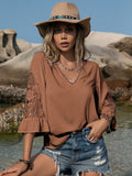 Chestnut openwork flounce sleeve blouse front view on model