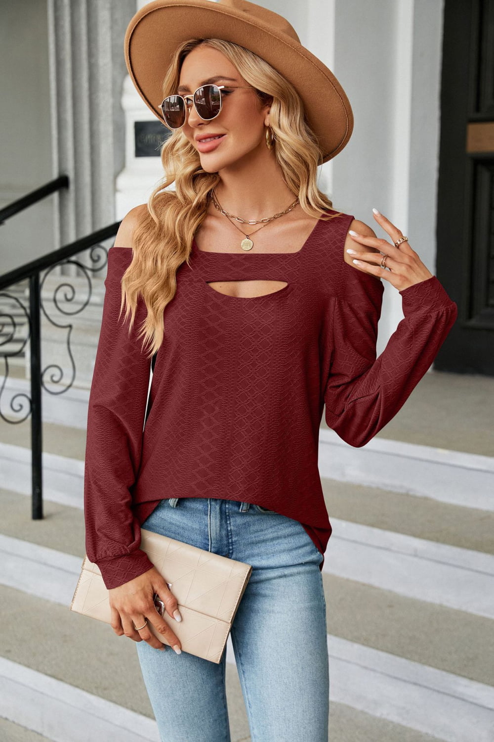 Long sleeve square neck blouse alternate model view