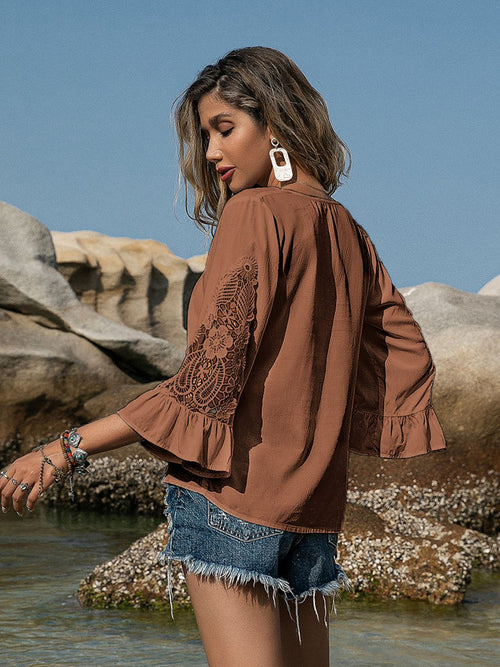 Chestnut openwork blouse back view with flounce sleeves