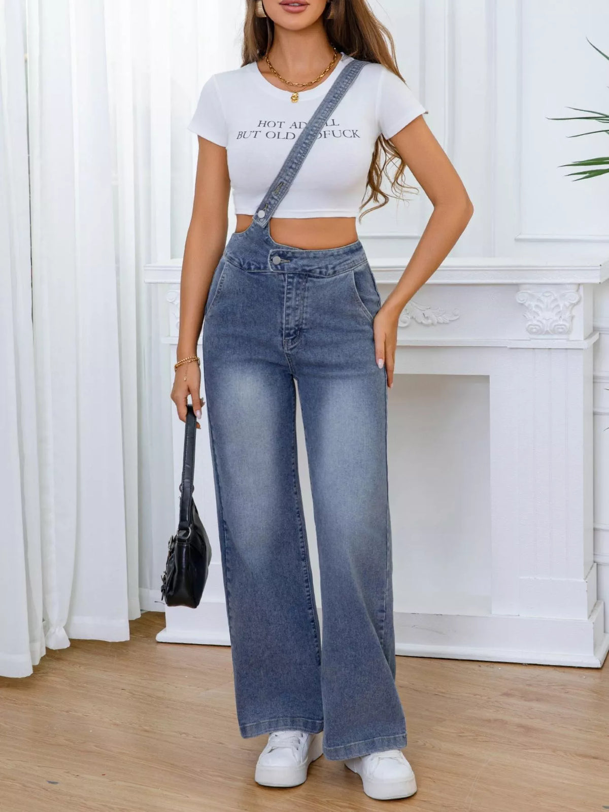 Sea blue pocketed wide-leg denim overalls alternate model view