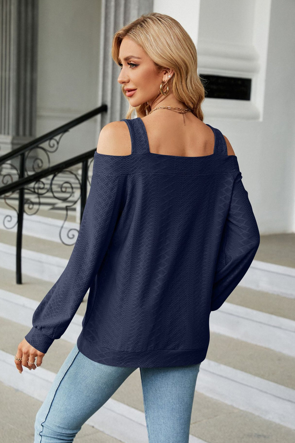 Rayon blend cold shoulder blouse on model
