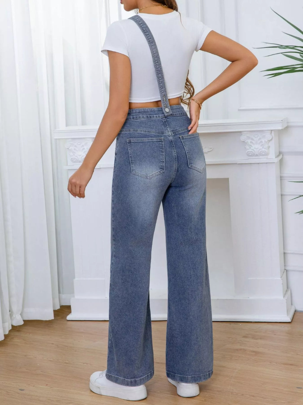 Sea blue washed denim overalls full-length alternate view