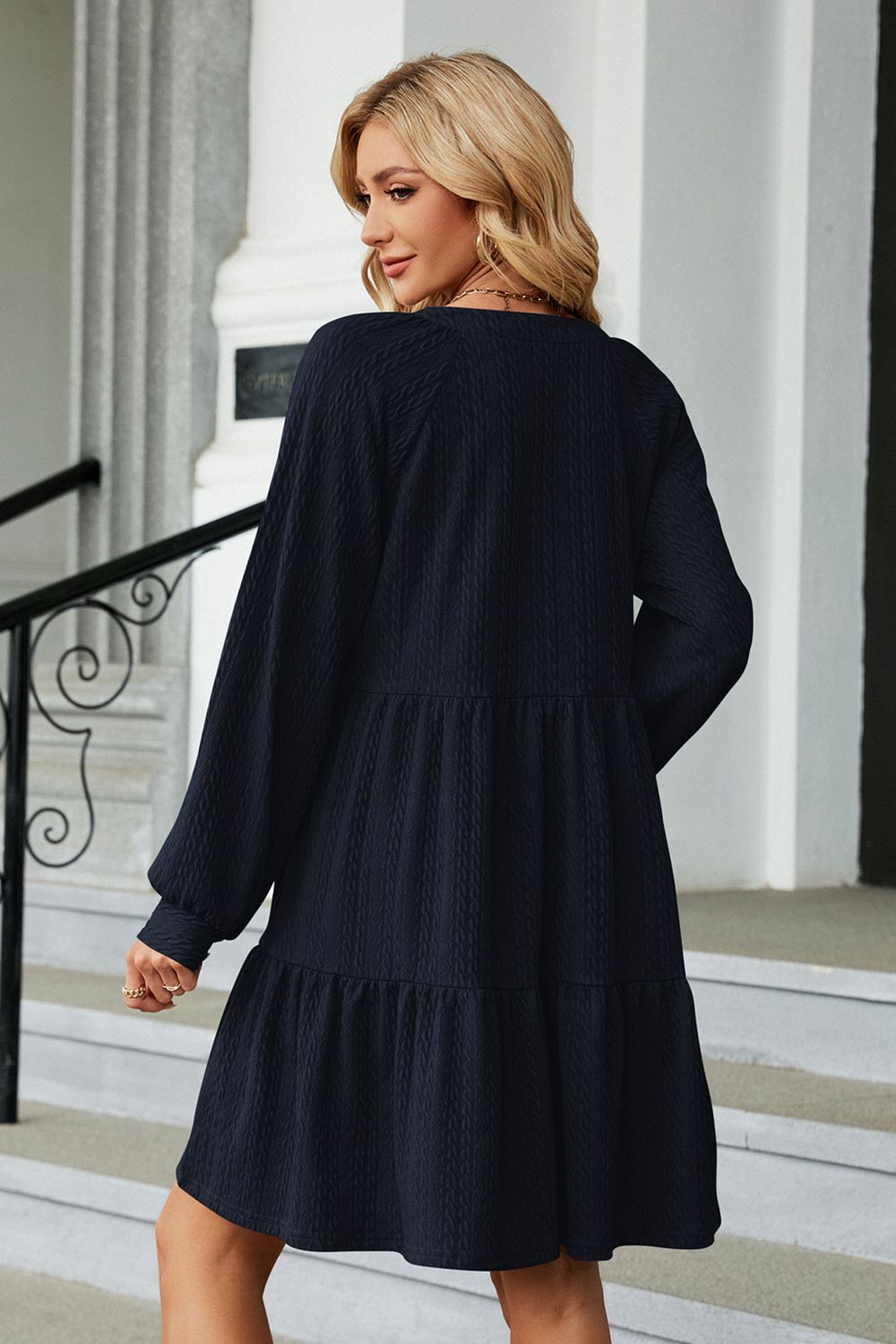 Dark blue A-line mini dress additional model view
