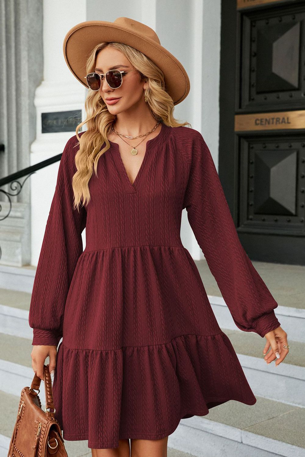 Burgundy ruffle mini dress alternate model view