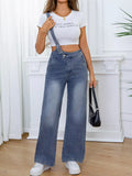 Sea blue adjustable strap wide-leg denim overalls detail view