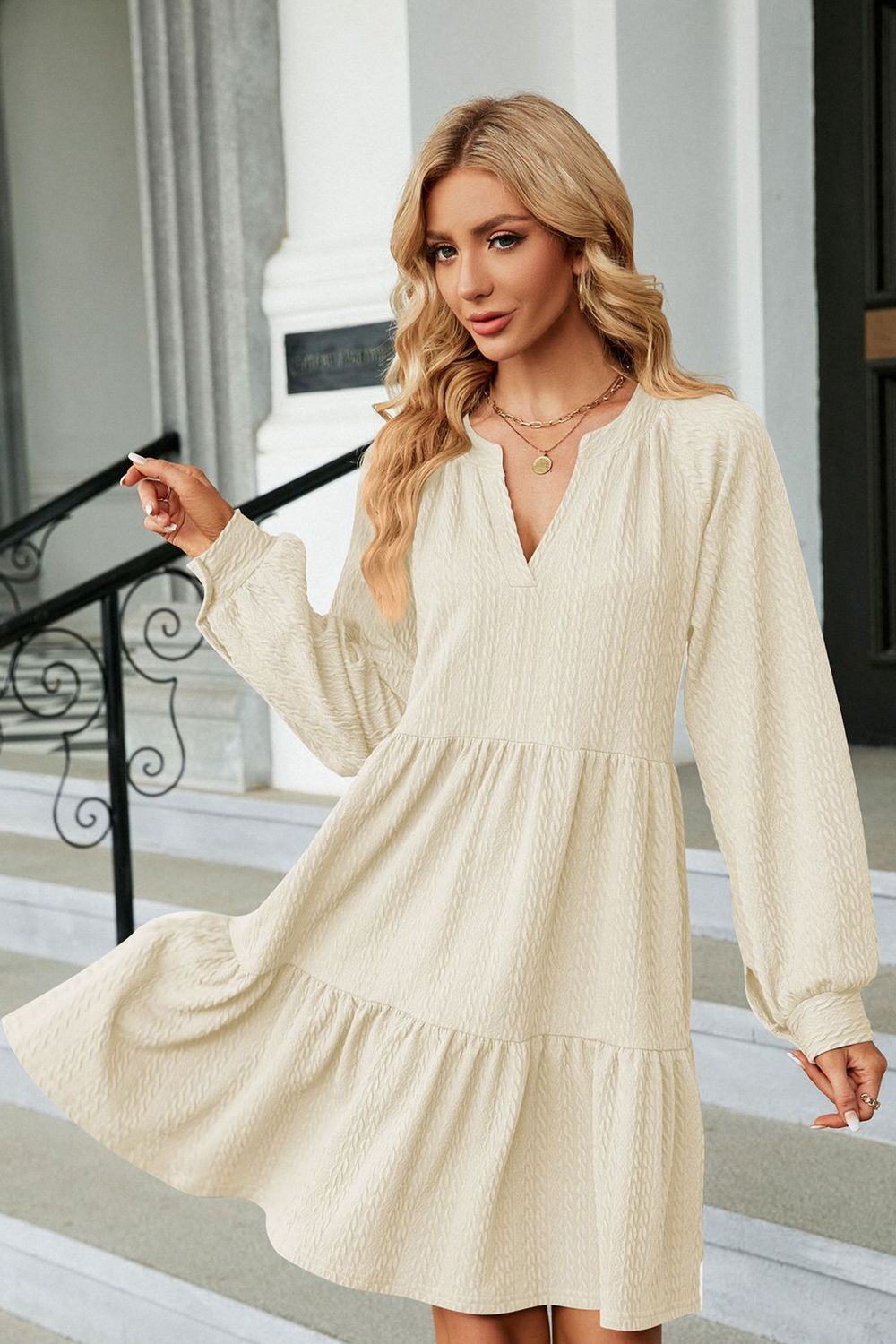 Cream ruffle mini dress alternate model view