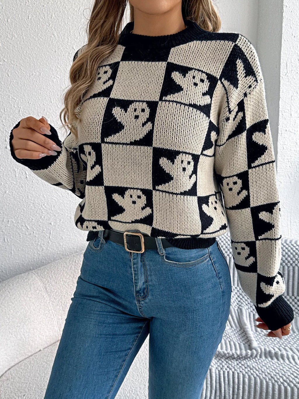 Black cat graphic knit sweater styled for fall