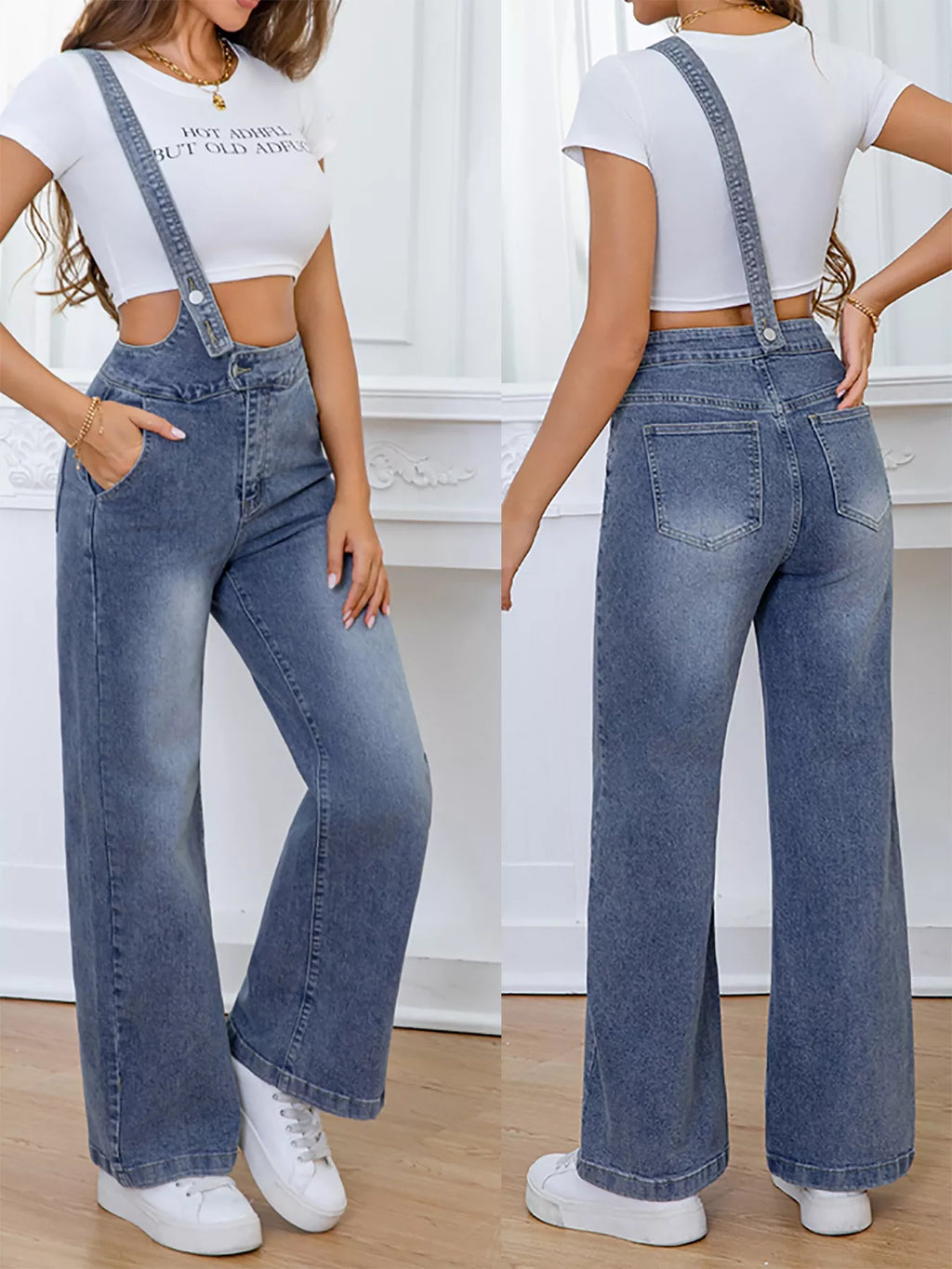 Sea blue washed denim overalls full-length front view