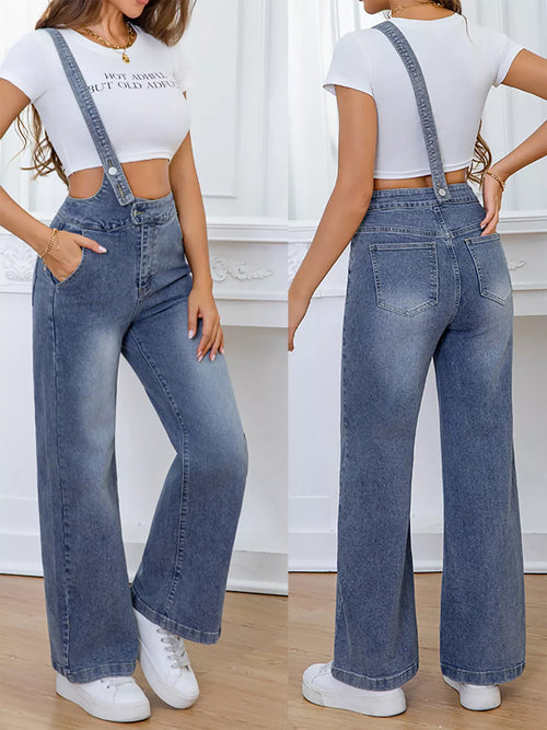 Sea blue washed denim overalls full-length front view