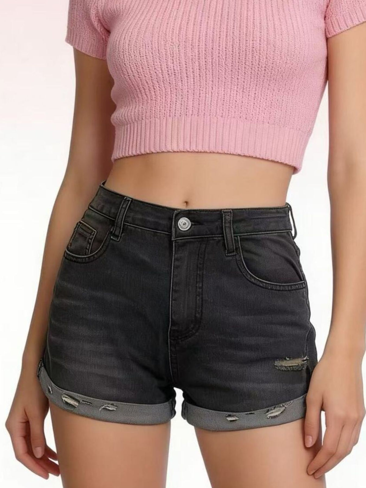 Women’s distressed denim roll-up shorts on model, image 4