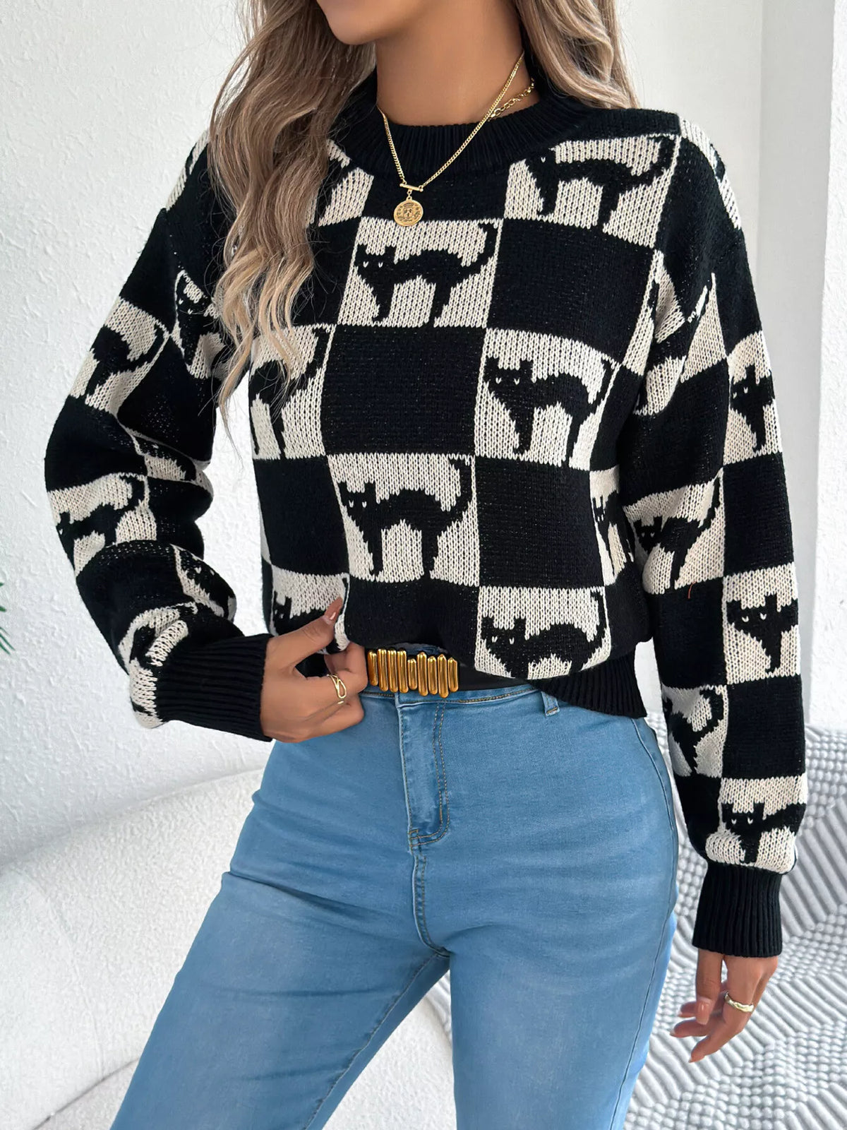Checkerboard cat graphic sweater knit pattern detail