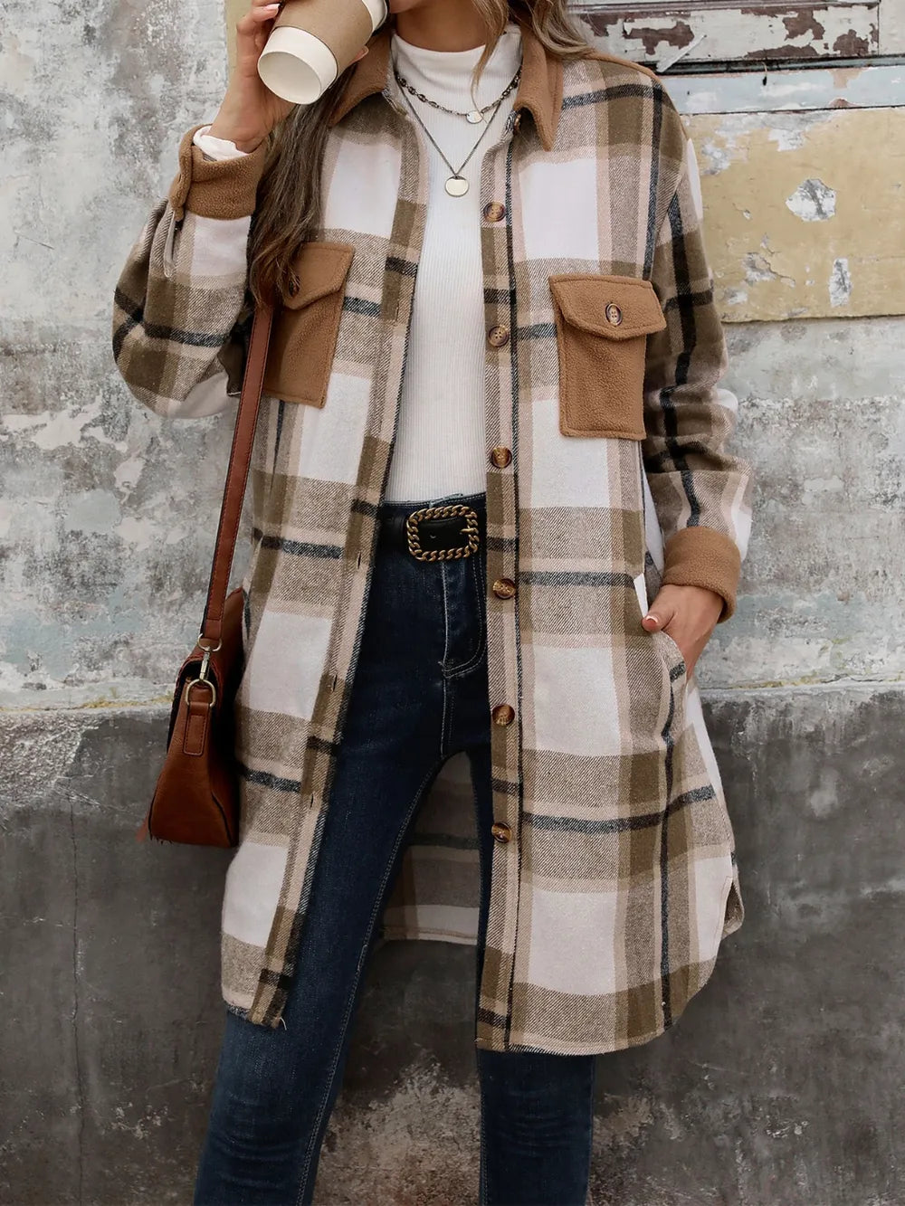 Coffee brown plaid longline coat front view with button closure and pockets