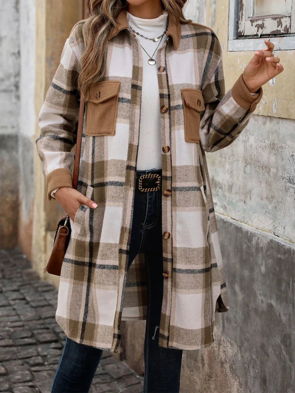 Coffee brown plaid longline coat front view on model