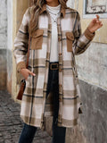 Coffee brown plaid longline coat front view on model