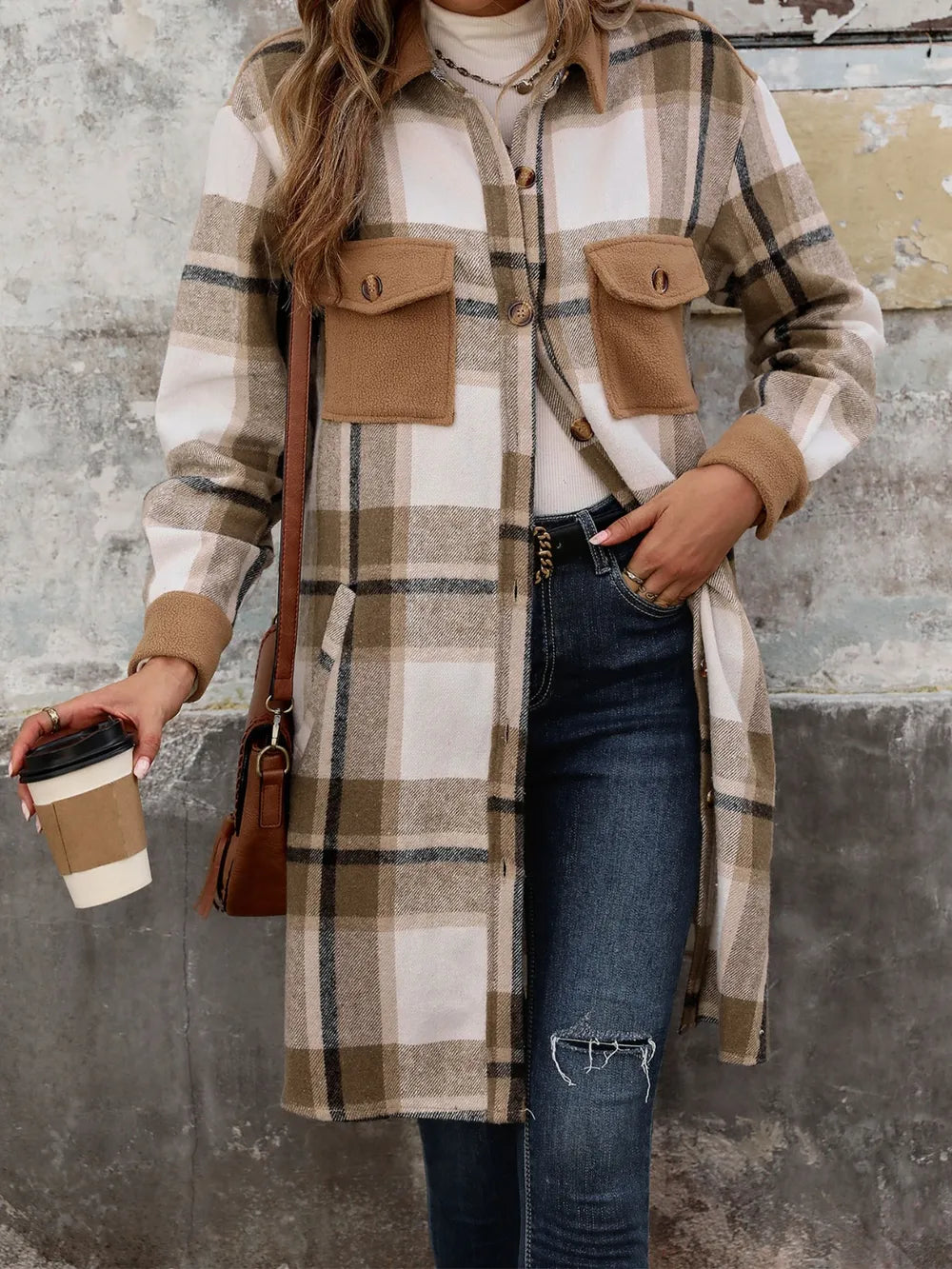 Coffee brown plaid longline coat side view showing long length
