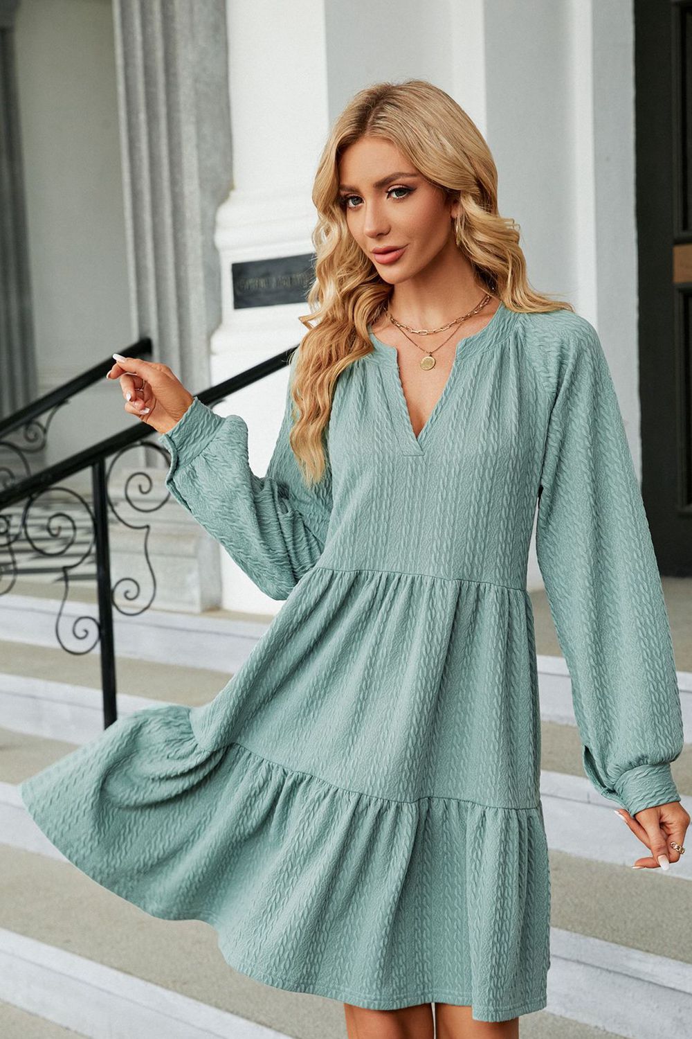 Light green A-line mini dress additional model view