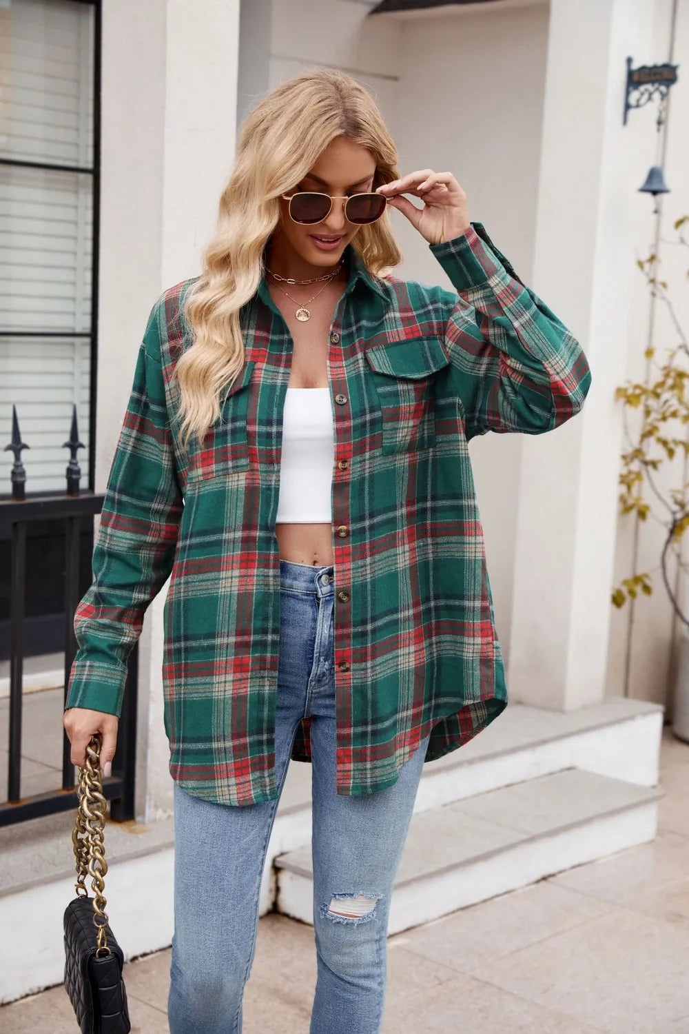 Dark green plaid button-up long sleeve shirt for women