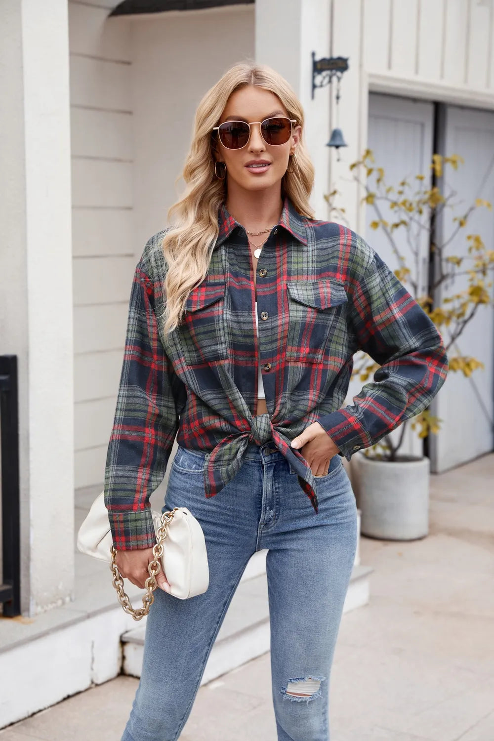 Dark navy plaid button-up long sleeve shirt for women