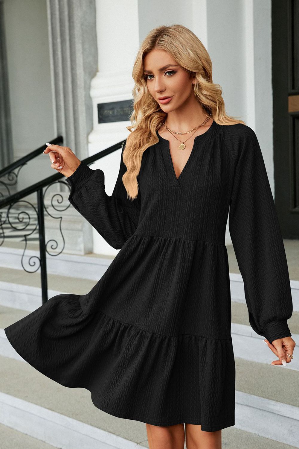 Black ruffle mini dress alternate model view