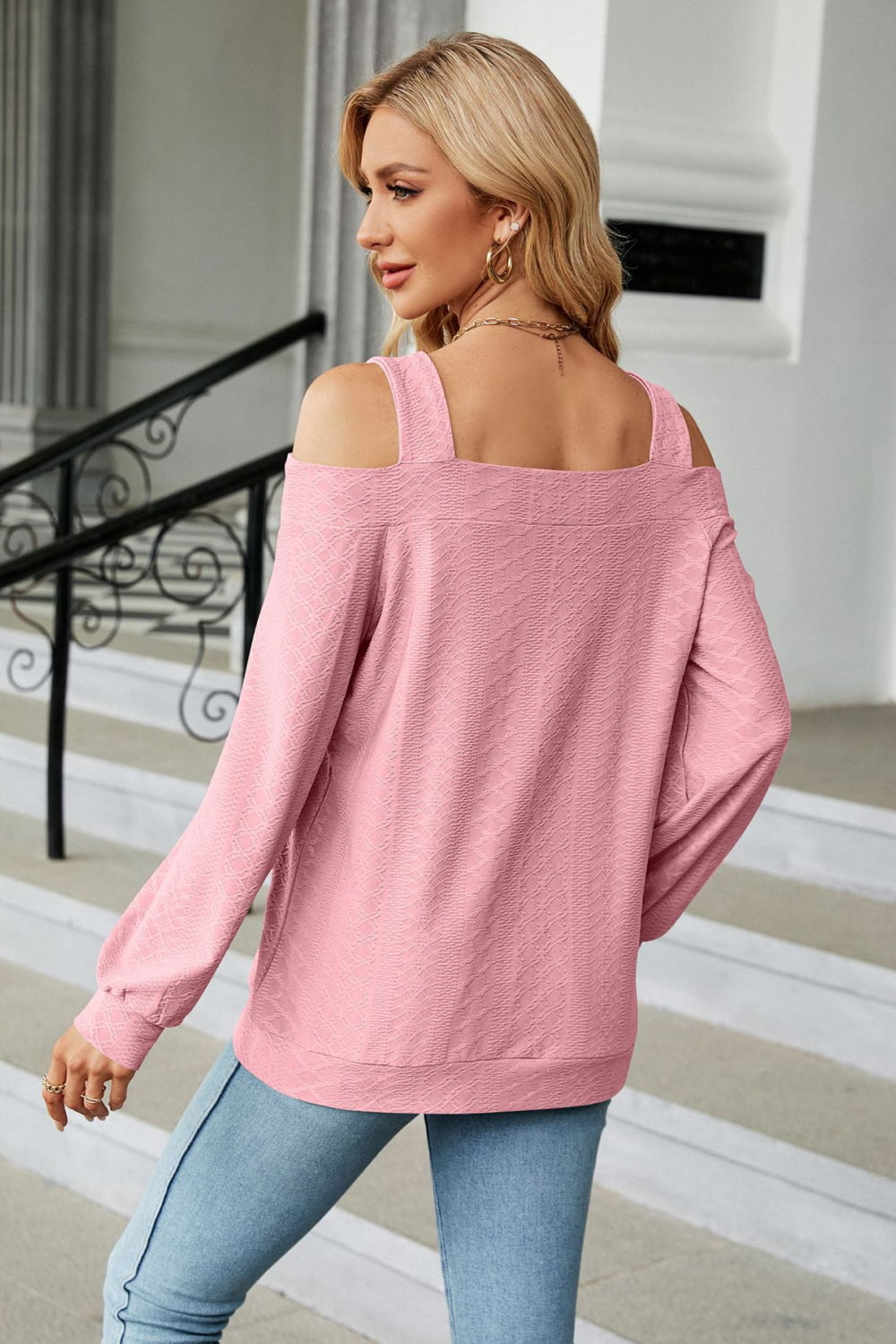 Rayon blend cold shoulder blouse on model