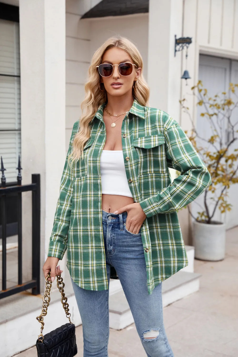 Green plaid button-up long sleeve shirt for women