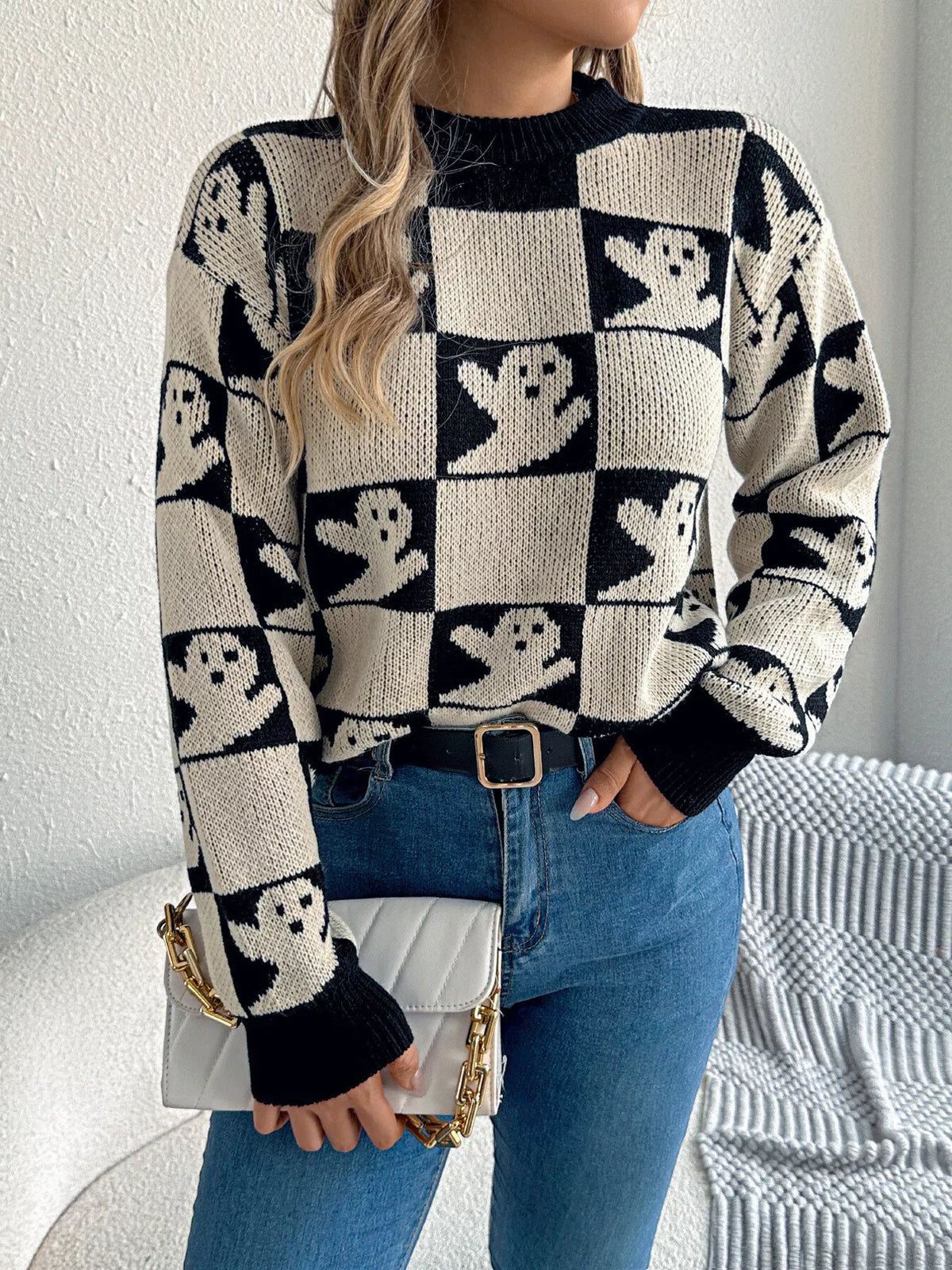 Khaki cat knit sweater detail for women