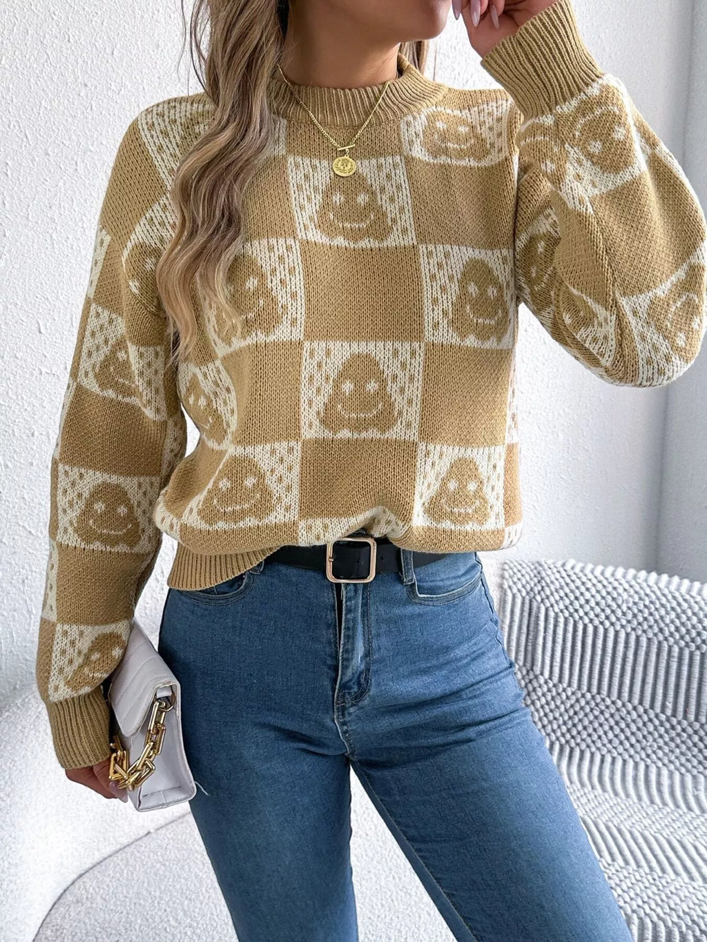 Khaki checkerboard cat knit sweater for women with long sleeves