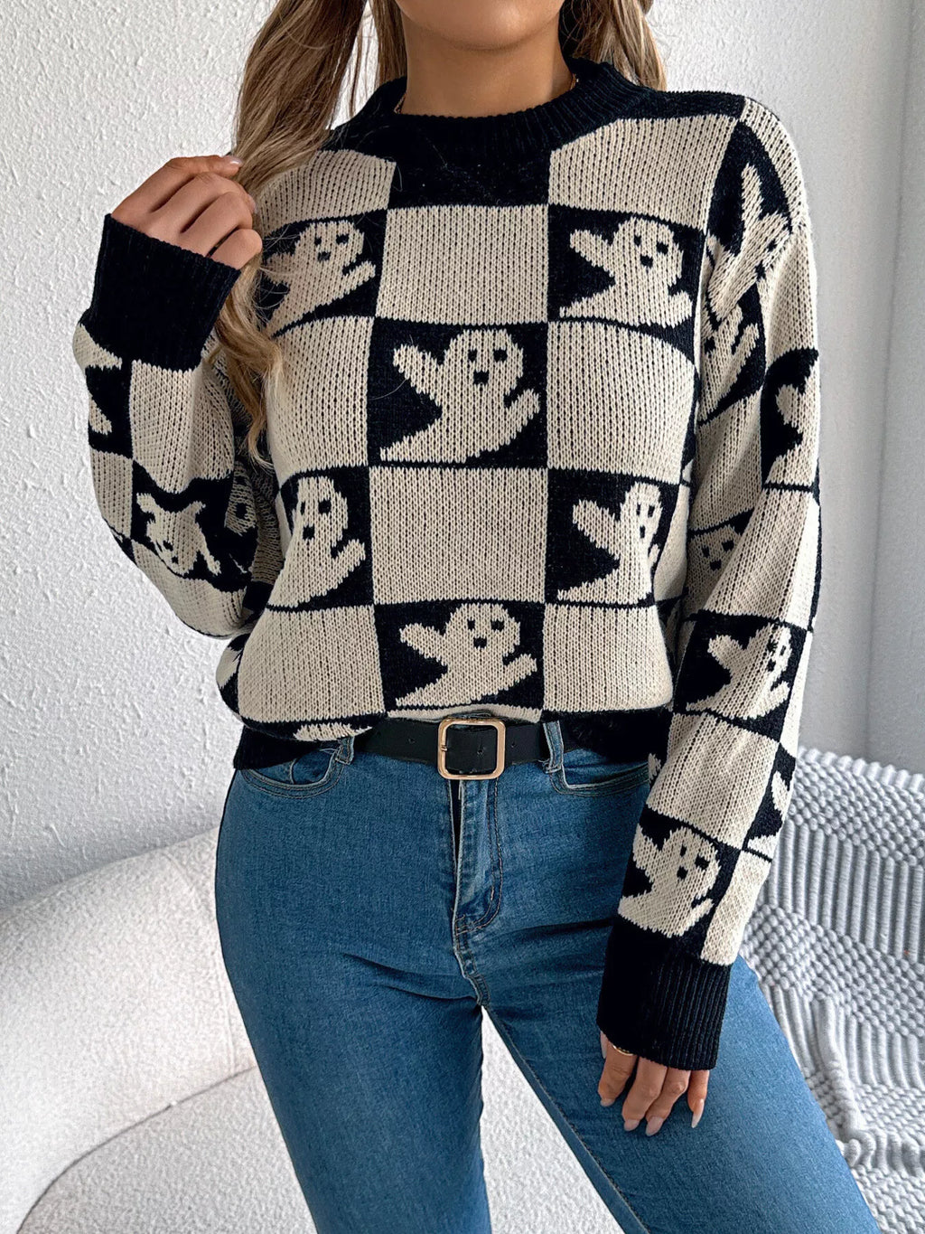 Khaki checkerboard cat sweater front view