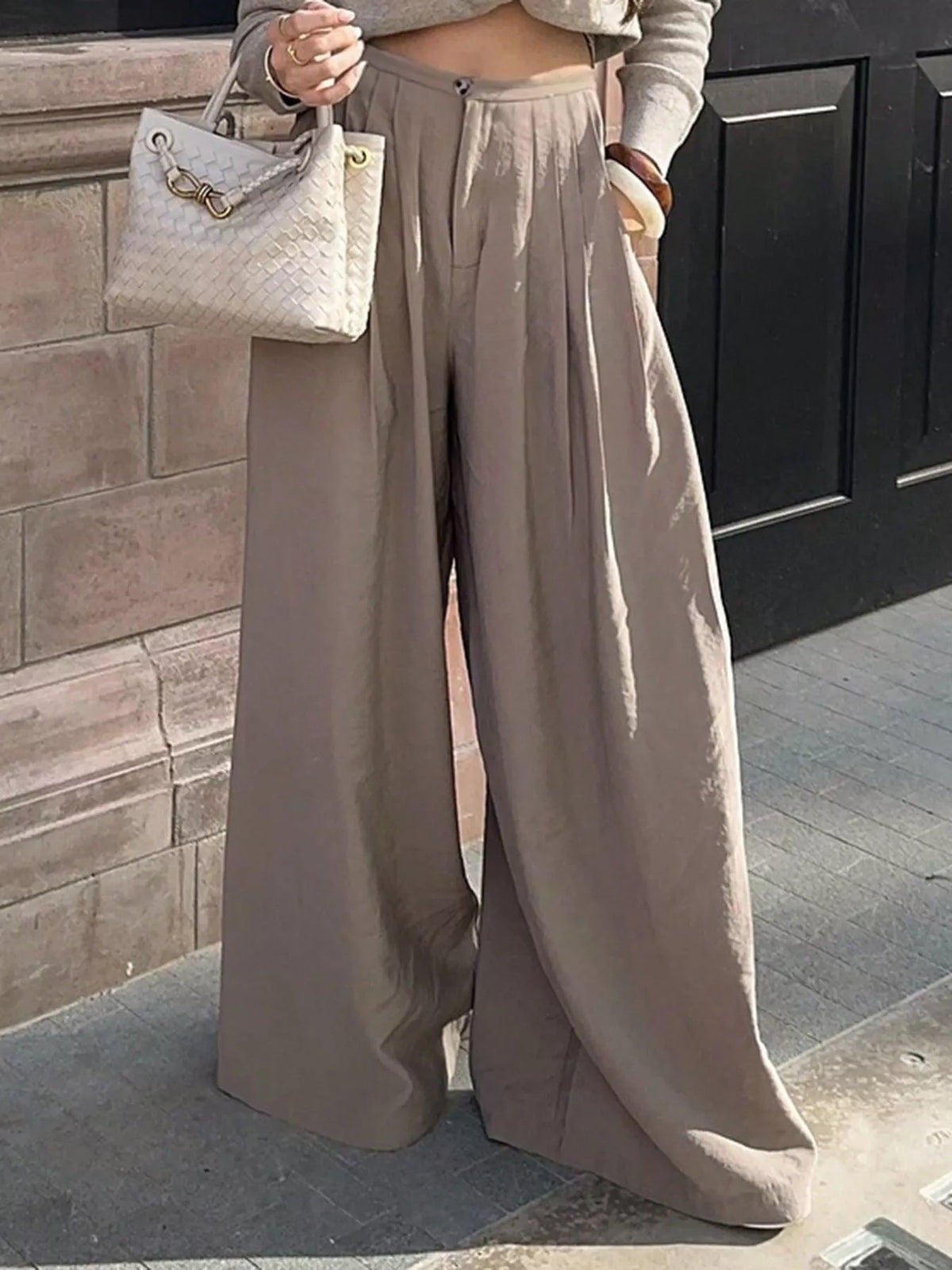 Khaki pleated wide-leg pants with drawstring waist