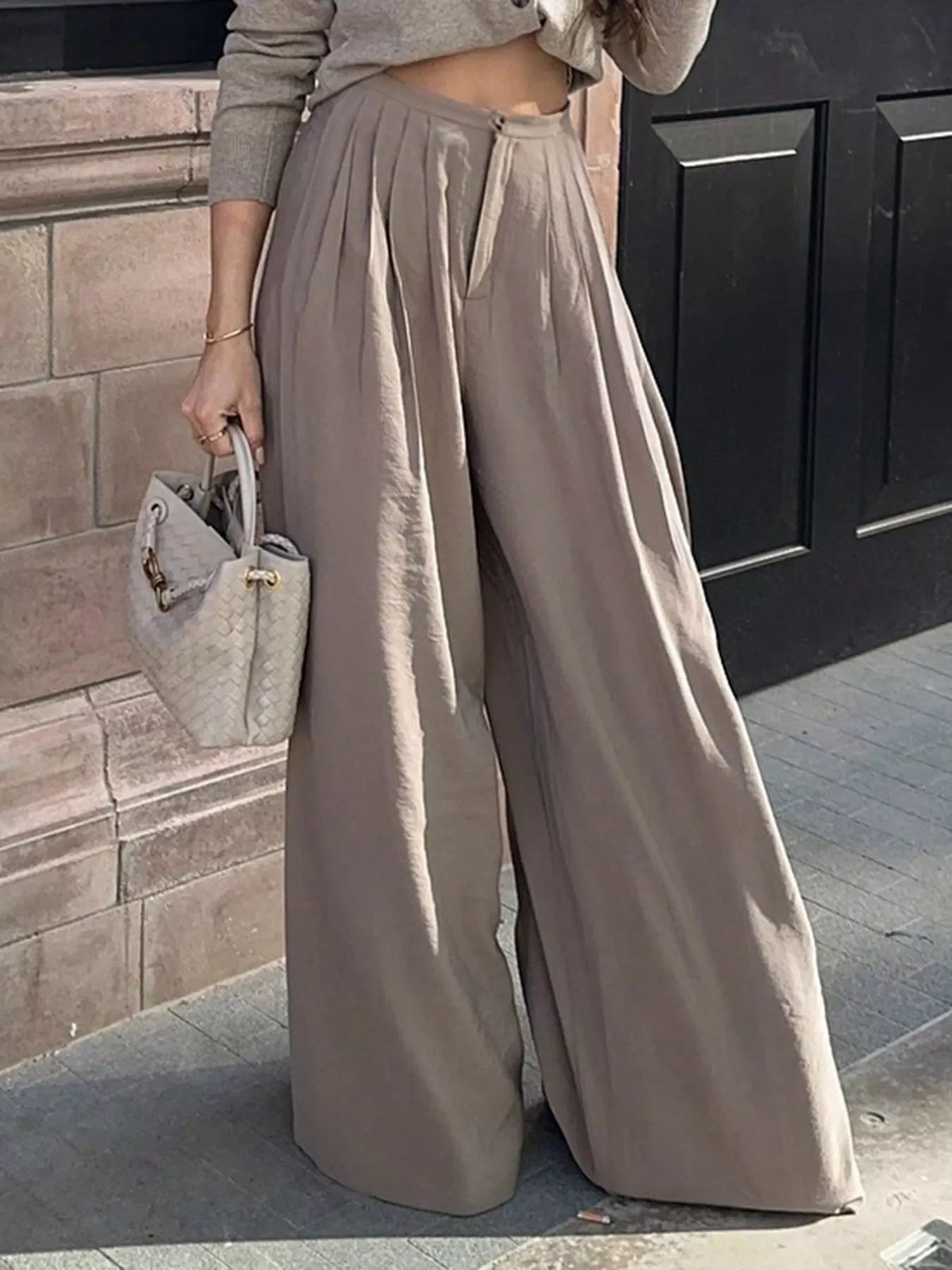 Women's khaki wide-leg pants with front pleats and pockets
