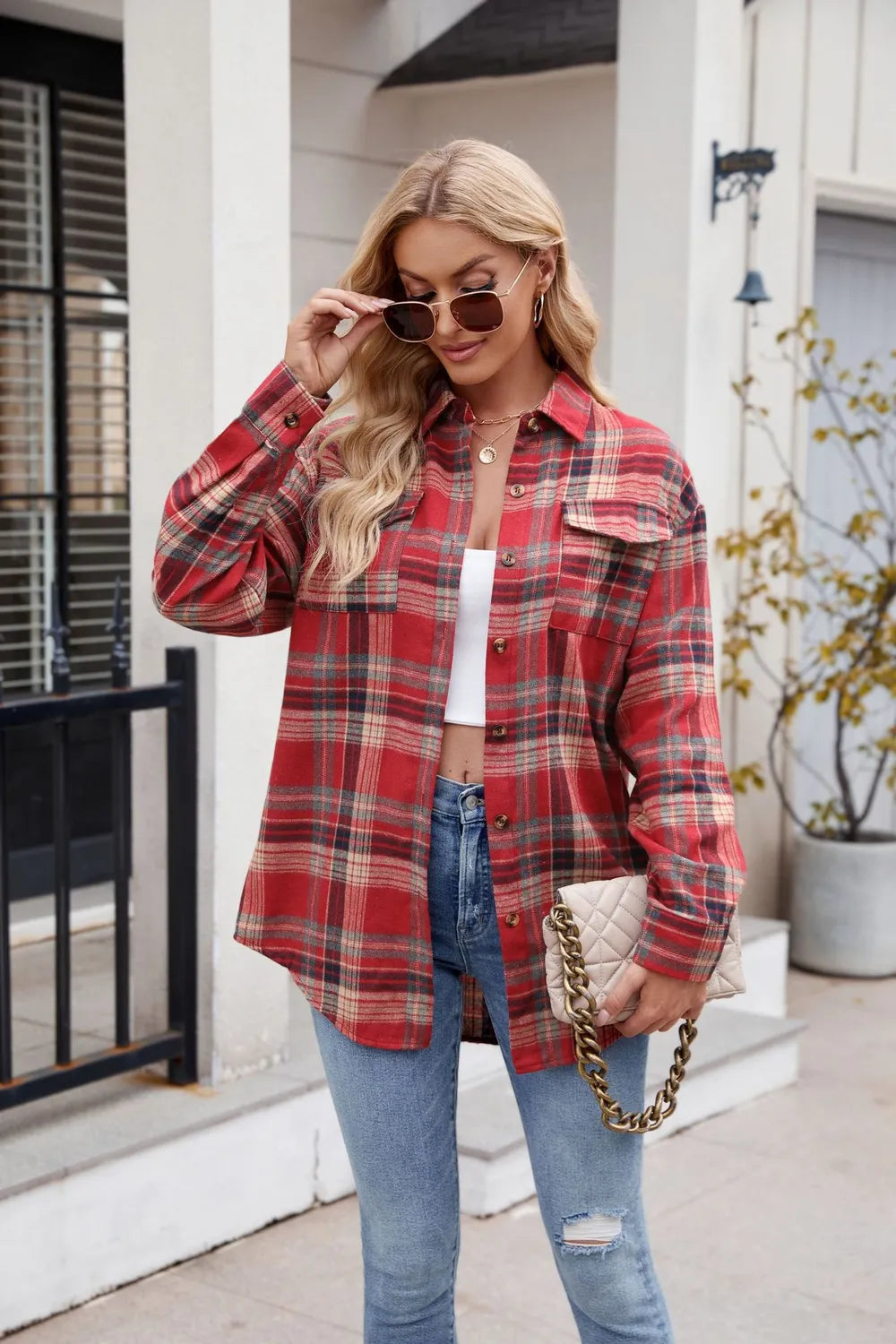 Scarlet plaid button-up long sleeve shirt for women