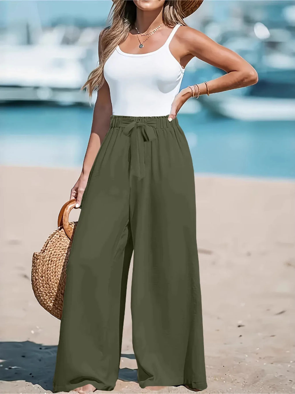 Sienna women's drawstring wide-leg pants in army green