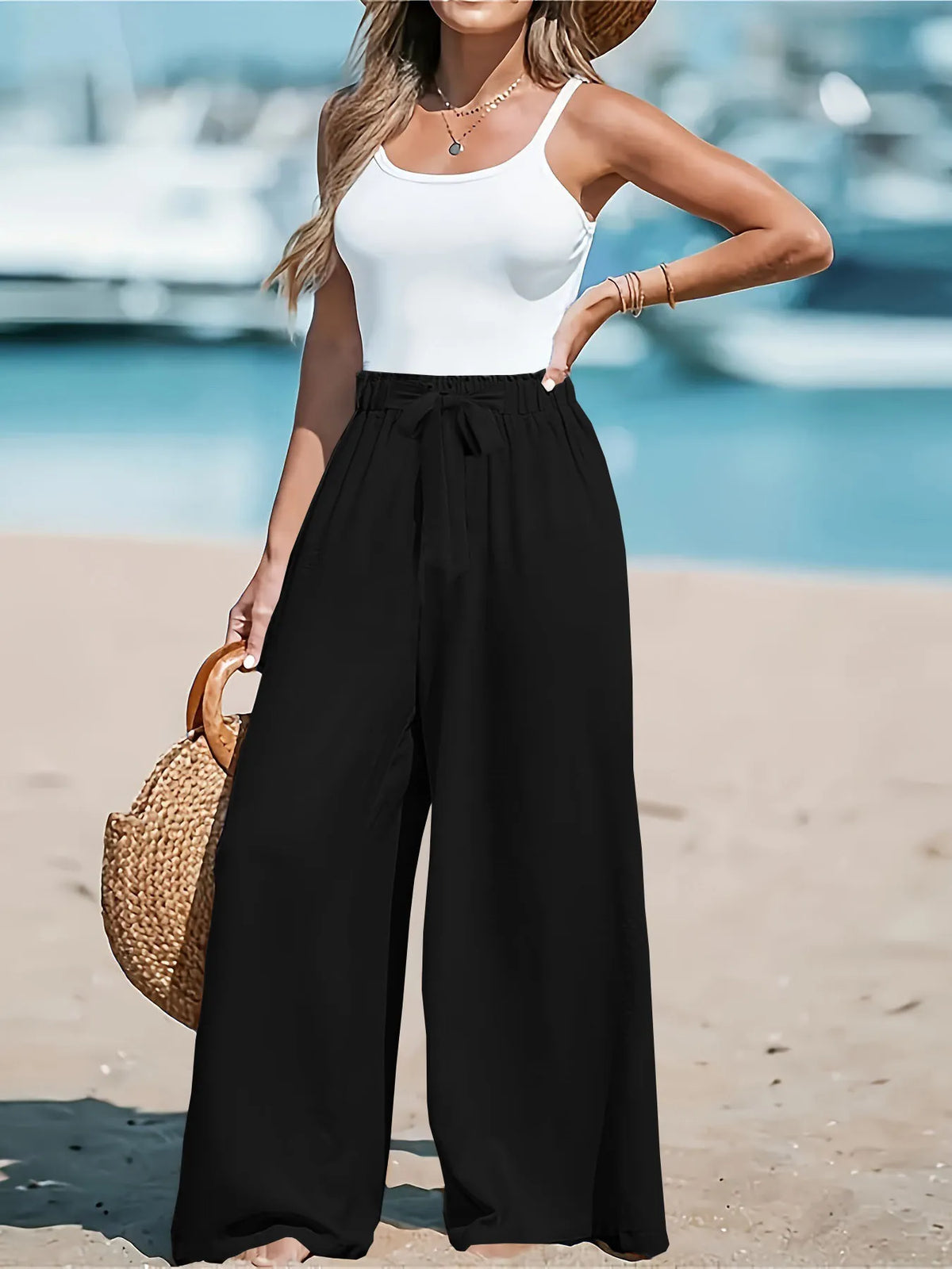 Sienna women's drawstring wide-leg pants in black