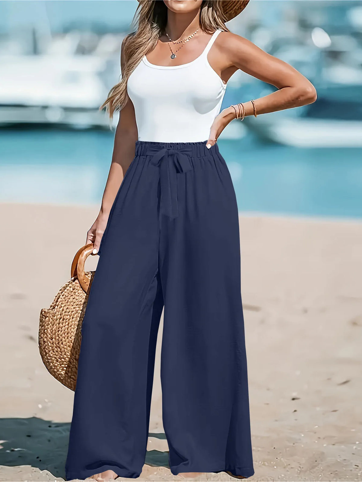 Sienna women's drawstring wide-leg pants in navy blue