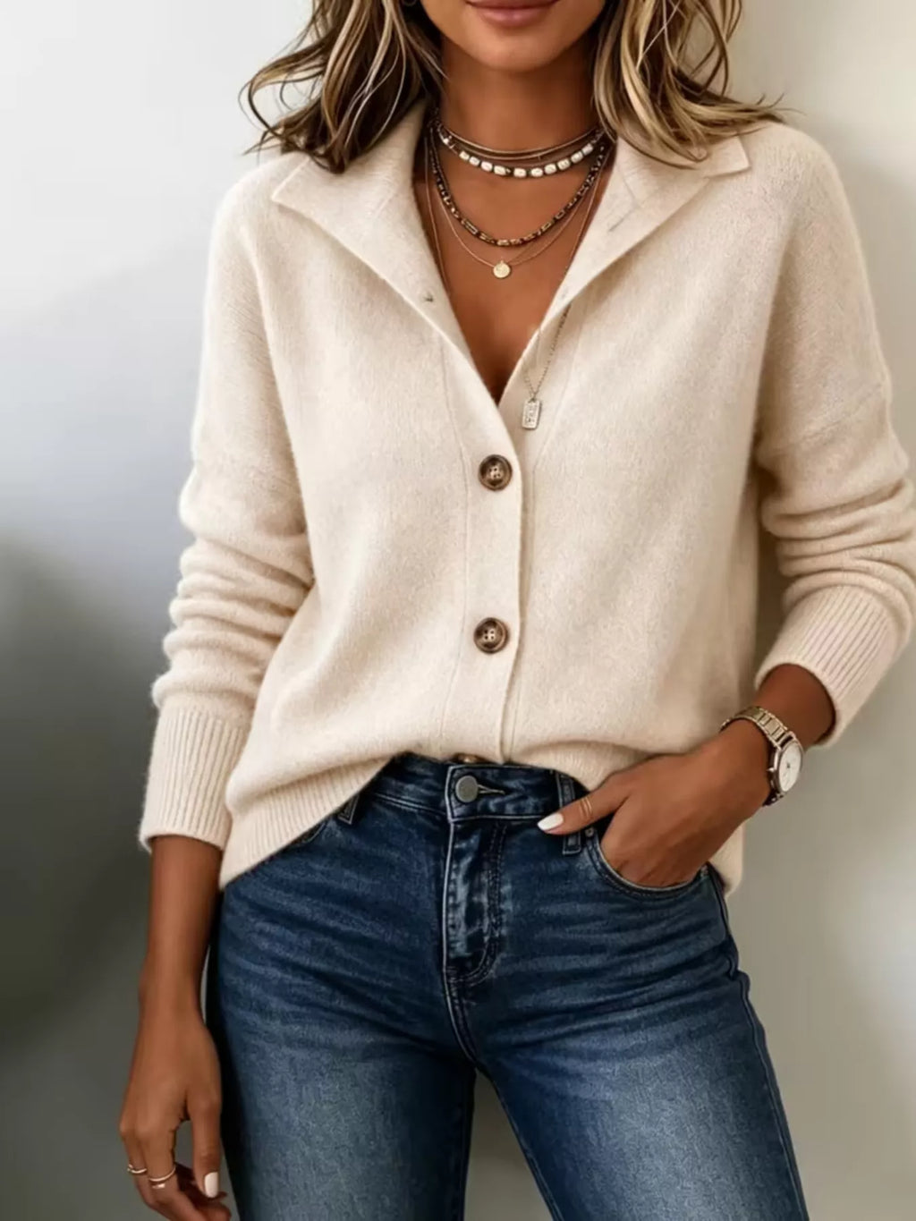 Women’s apricot button-down knit cardigan showing button-front knit design