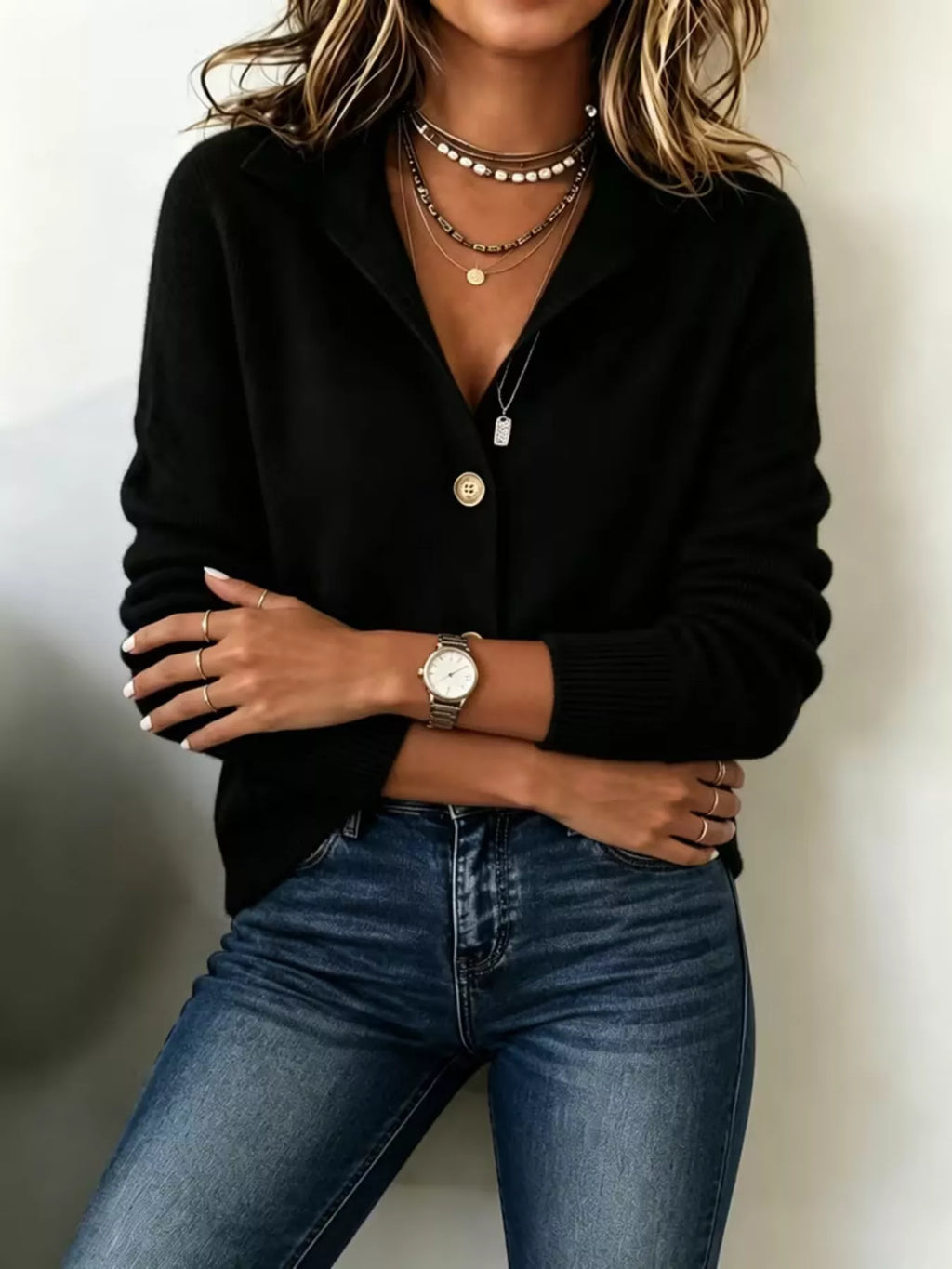 Women’s black button-down knit cardigan showing button-front knit design