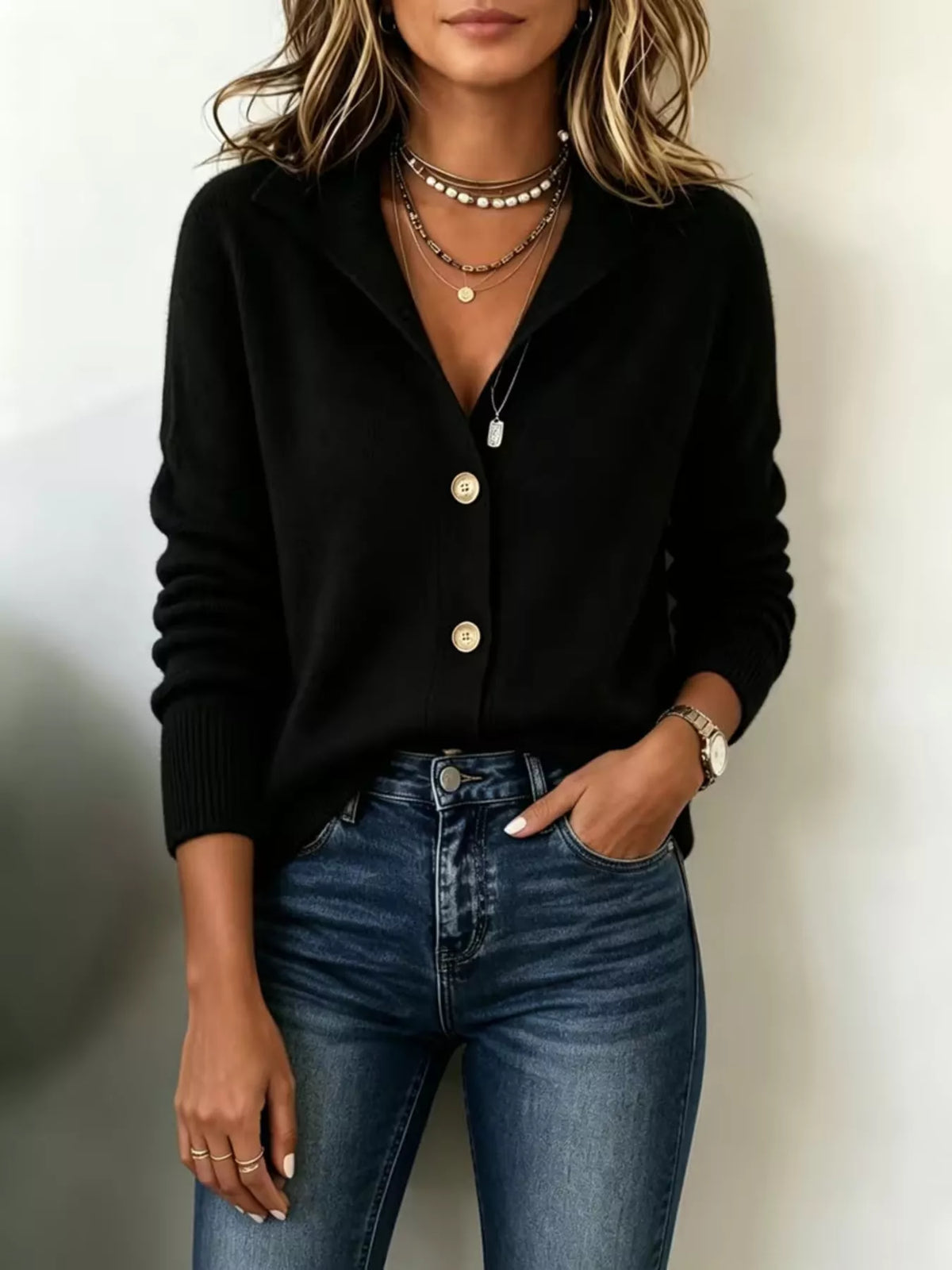 Women’s black button-down knit cardigan showing button-front knit design