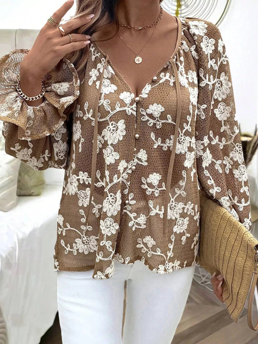 Women’s coffee brown floral embroidered long sleeve blouse