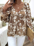 Women’s coffee brown floral embroidered long sleeve blouse