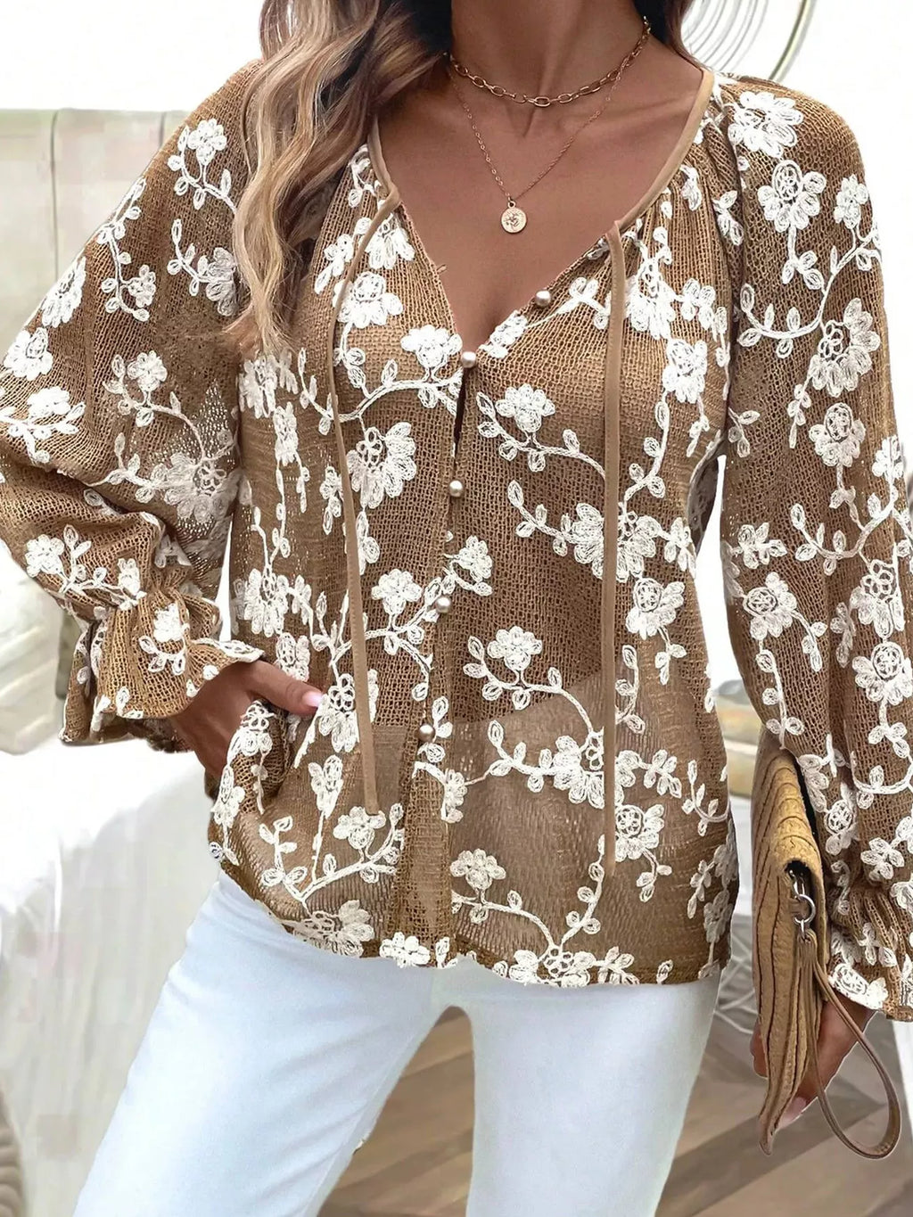 Coffee brown floral embroidered blouse with long sleeves