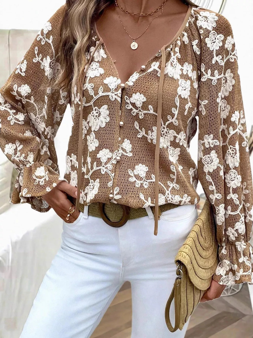Women’s coffee brown embroidered blouse with tie and ruffle details