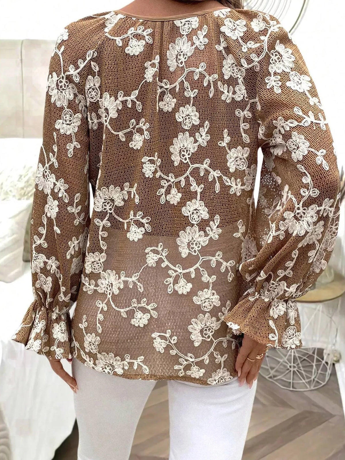 Coffee brown long sleeve blouse with floral embroidery